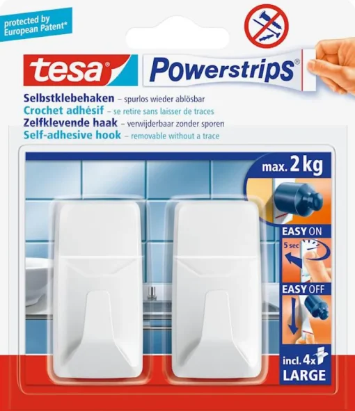 Rubans Adhésif-Tesa Powerstrips® crochets L rectangulaires blancs (2 crochets + 4 languettes)