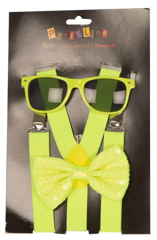 Accessoires-Partyline Set Fluo Jaune - Bretelles + Nœud Papillon + Lunettes